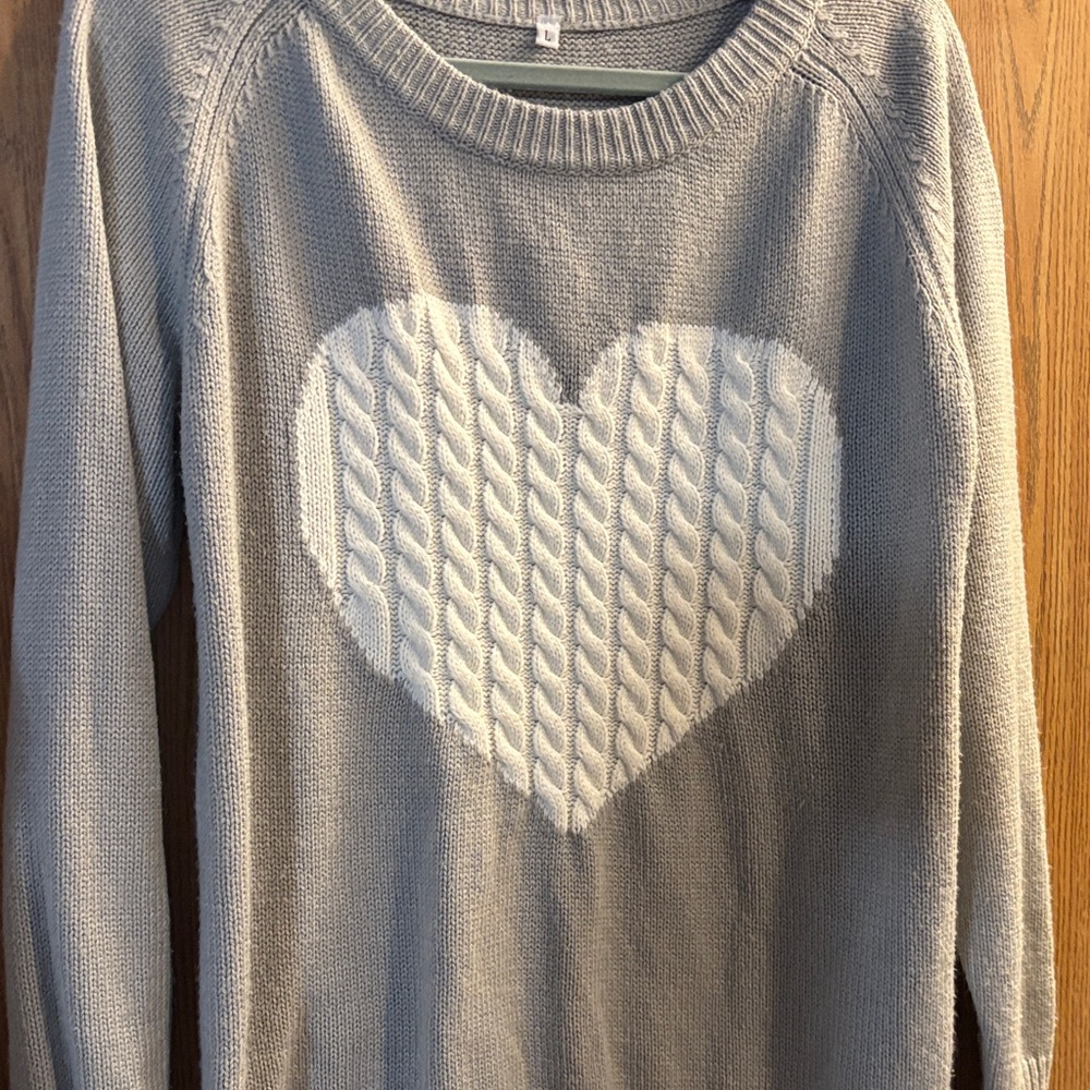 Gray Sweater with White Heart Pattern - Women's Cozy Knit